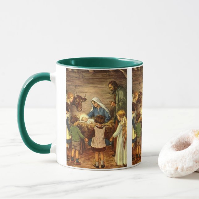 Vintage Christmas, Religious Nativity w Baby Jesus Mug (With Donut)