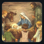 Vintage Christmas, Religious Nativity w Baby Jesus Square Sticker<br><div class="desc">Vintage illustration religious Christmas holiday image featuring a beautiful classic nativity family scene with Mary,  Joseph and the infant Jesus Christ in the manger in Bethlehem. A Christian religion scene with children gathered holding hands around the baby boy child.</div>