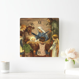 Vintage Christmas, Religious Nativity w Baby Jesus Square Wall Clock
