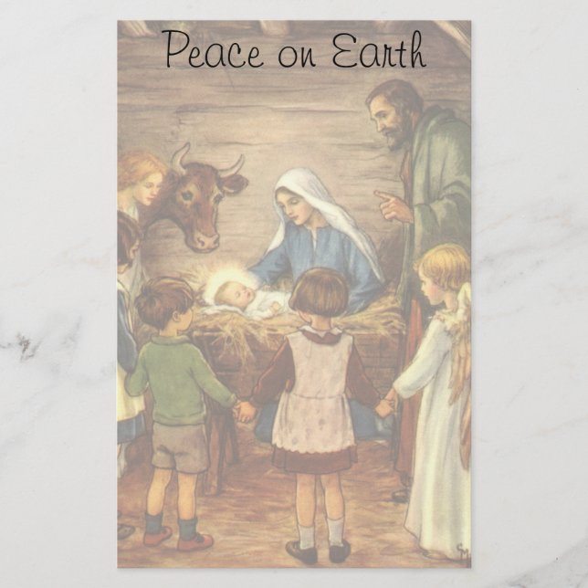 Vintage Christmas, Religious Nativity w Baby Jesus Stationery (Front)