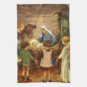Vintage Christmas, Religious Nativity w Baby Jesus Tea Towel