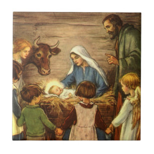 Vintage Christmas, Religious Nativity w Baby Jesus Tile