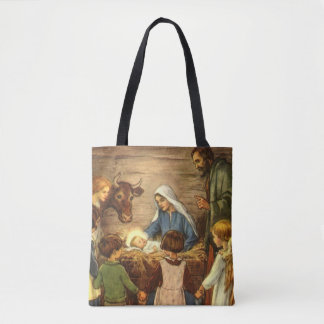 Vintage Christmas, Religious Nativity w Baby Jesus Tote Bag