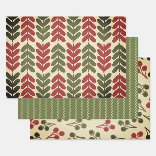 Vintage Christmas Retro Botanical Patterns Wrapping Paper Sheet (Set)