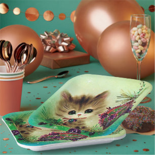 Vintage Christmas retro bulb cat party plate