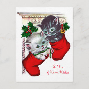 Vintage Christmas retro cat Holiday postcard