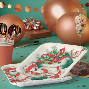 Vintage Christmas retro cat party plate