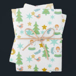 Vintage Christmas Retro Groovy Pink, Blue, Green Wrapping Paper Sheet<br><div class="desc">Pale pastel pink,  green,  gold,  blue and yellow birds,  Christmas trees,  stars,  angels and other retro holiday symbols Vintage Christmas wrap.</div>