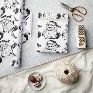 Vintage Christmas, Retro Jolly Santa Claus, Black Wrapping Paper
