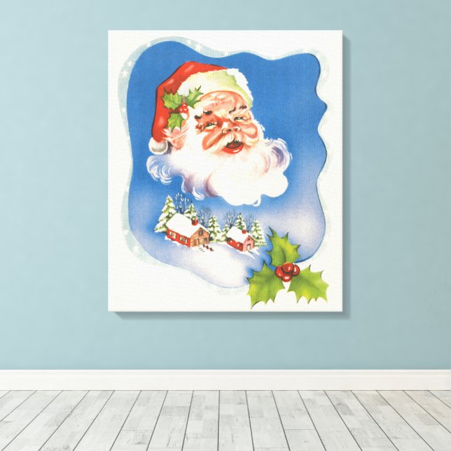 Vintage Christmas, Retro Jolly Santa Claus Canvas Print (Insitu(Wood Floor))