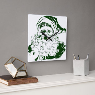Vintage Christmas, Retro Jolly Santa Claus, Green Square Wall Clock