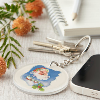 Vintage Christmas, Retro Jolly Santa Claus Key Ring