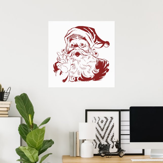 Vintage Christmas, Retro Jolly Santa Claus, Red Poster (Home Office)