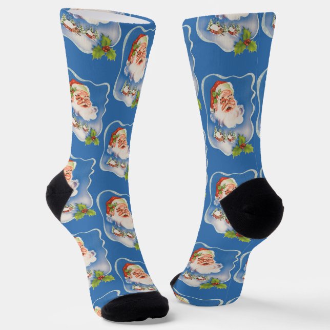 Vintage Christmas, Retro Jolly Santa Claus Socks (Angled)