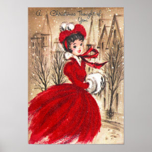 Vintage Christmas retro lady Holiday poster