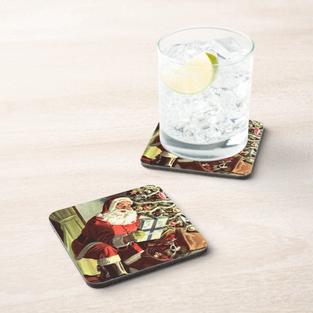 Vintage Christmas, Retro Santa Claus with Presents Coaster (Right Side)
