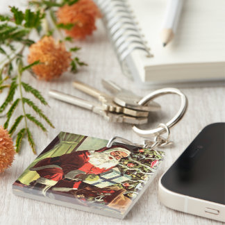 Vintage Christmas, Retro Santa Claus with Presents Key Ring