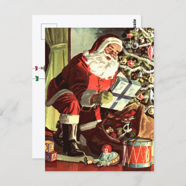 Vintage Christmas, Retro Santa Claus with Presents Postcard (Front/Back)