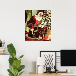 Vintage Christmas, Retro Santa Claus with Presents Poster