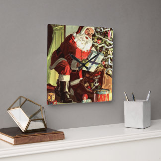 Vintage Christmas, Retro Santa Claus with Presents Square Wall Clock