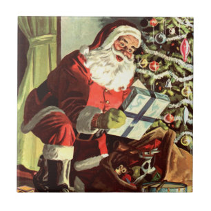 Vintage Christmas, Retro Santa Claus with Presents Tile