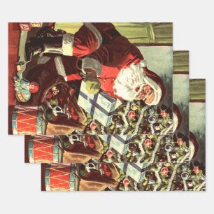 Vintage Christmas, Retro Santa Claus with Presents Wrapping Paper Sheet