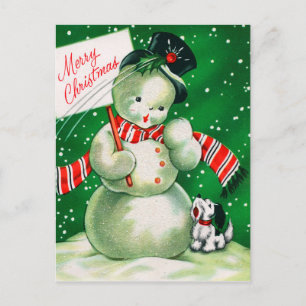 Vintage Christmas retro snowman Holiday postcard