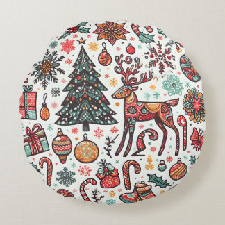 Vintage Christmas Retro Tree Gift Round Pillow