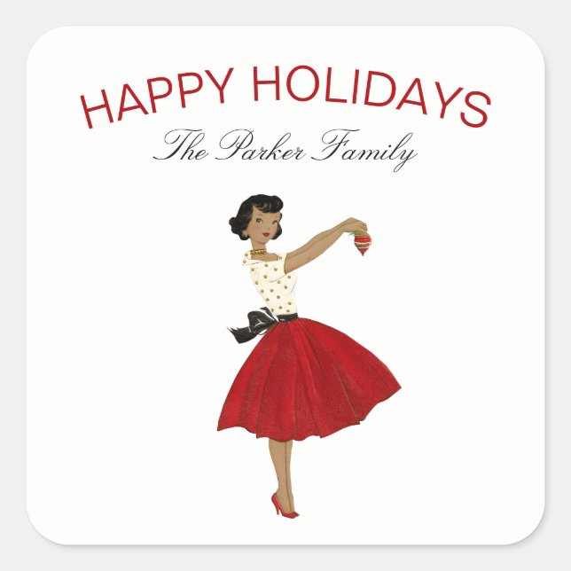Vintage Christmas Retro Woman in Dress  Square Sticker (Front)
