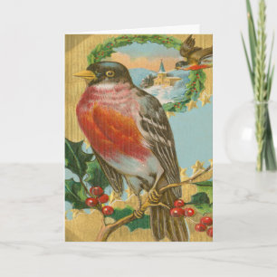 Vintage Christmas Robin Holiday Holly Berries Card