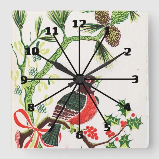 Vintage Christmas Robin Square Wall Clock (Front)