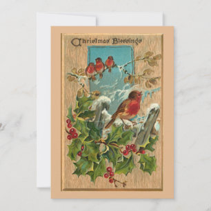 Vintage Christmas Robins & Holly on Rustic Wood Holiday Card