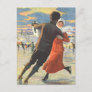 Vintage Christmas, Romantic Couple Ice Skating Holiday Postcard