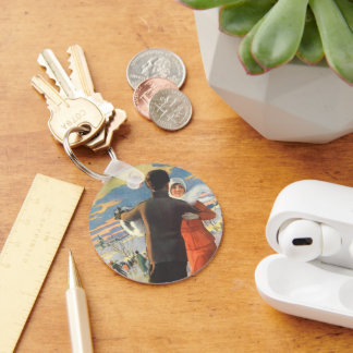 Vintage Christmas, Romantic Couple Ice Skating Key Ring
