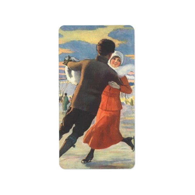 Vintage Christmas, Romantic Couple Ice Skating Label (Front)