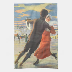 Vintage Christmas, Romantic Couple Ice Skating Tea Towel