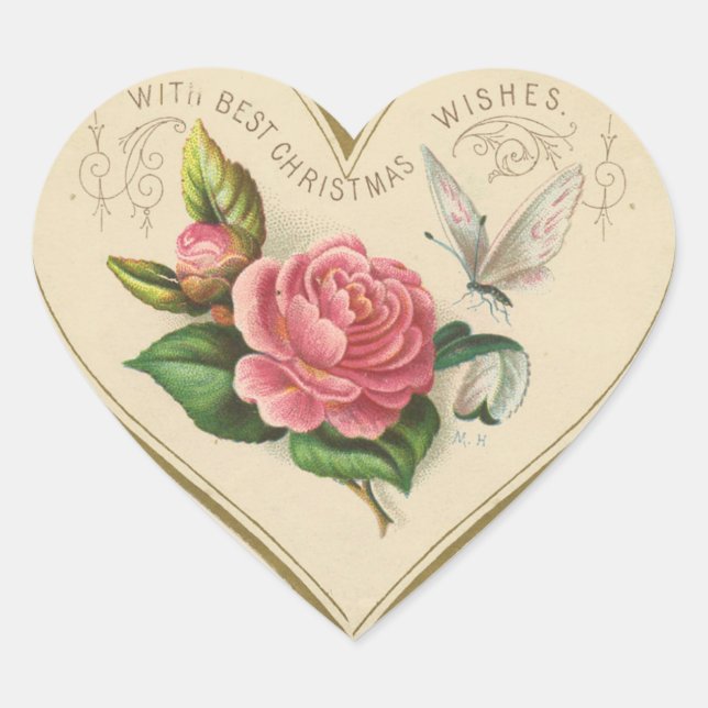 Vintage Christmas Rose and Butterfly Heart Sticker (Front)
