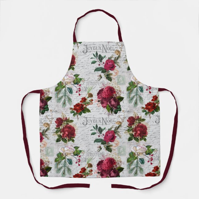 Vintage Christmas Rose Joyeux Noel Ephemera Apron (Front)