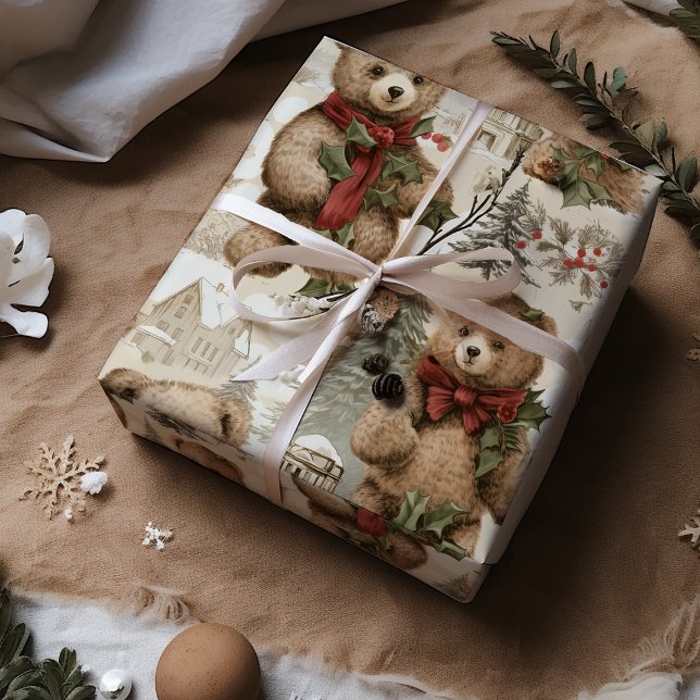 Vintage Christmas Rustic Teddy Bears  Wrapping Paper Sheet (Creator Uploaded)