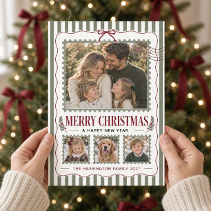 Vintage Christmas Sage Bow Postage Photo Collage Holiday Card
