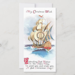 Vintage Christmas Sailboat Wishes Holiday Card