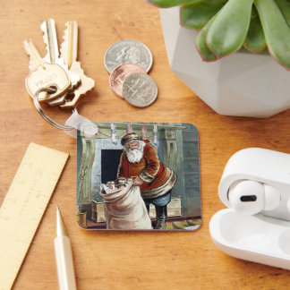 Vintage Christmas, Saint Nicholas by the Fireplace Key Ring