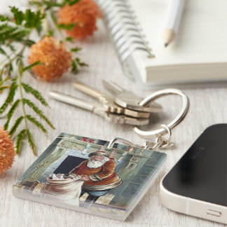 Vintage Christmas, Saint Nicholas by the Fireplace Key Ring