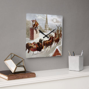 Vintage Christmas, Saint Nicholas on the Rooftop Square Wall Clock