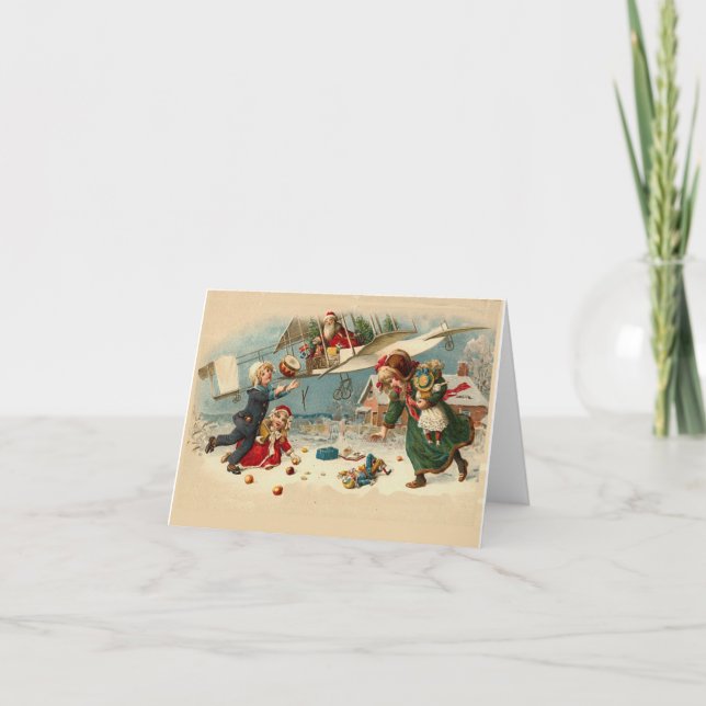 Vintage Christmas santa aeroplane toys Holiday Card (Front)