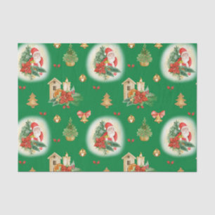 Vintage Christmas Santa and Decorations Green  Tissue Paper