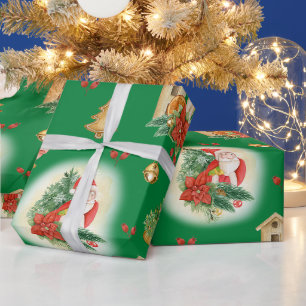 Vintage Christmas Santa and Decorations Green Wrapping Paper