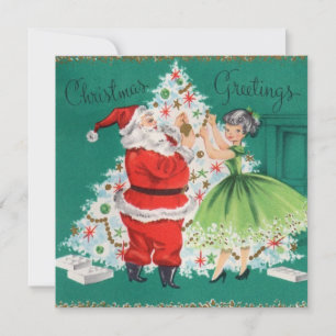Vintage Christmas Santa and Girl Decorating Tree Holiday Card