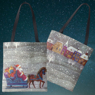 Vintage Christmas, Santa and One Horse Open Sleigh Tote Bag