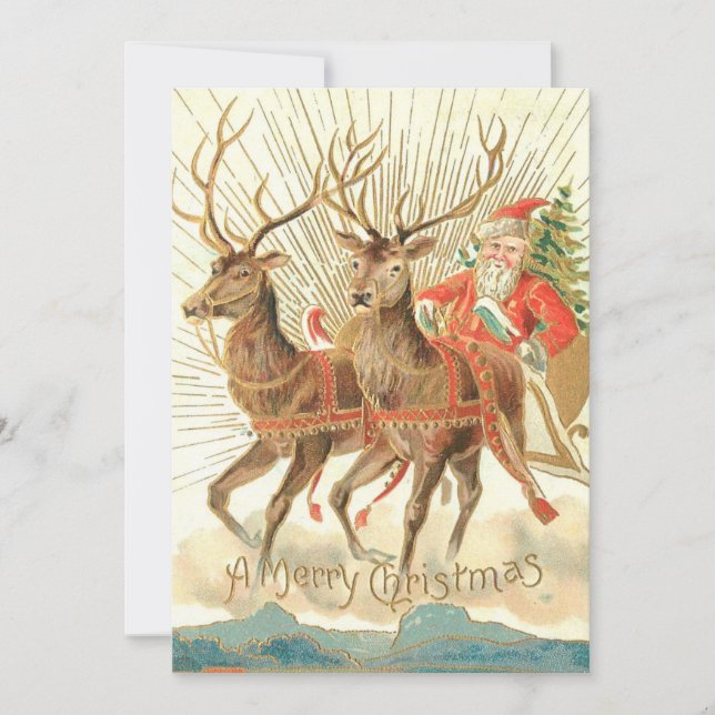 Vintage Christmas Santa and Reindeer Holiday Card (Front)